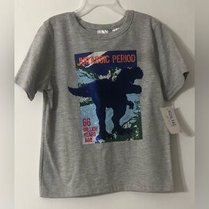 Boy’s gray Jurassic Period" reversible blue gold Sequin Dino Tee.5/6